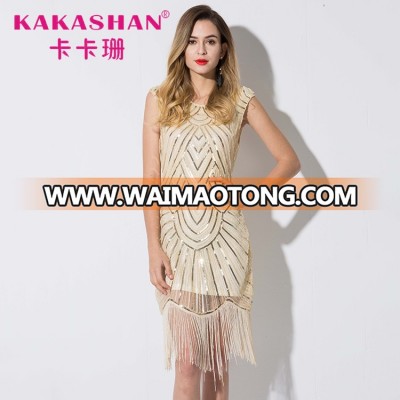 Gold sexy party wear 1920s flapper sequin beaded bling bling designer cocktail dress