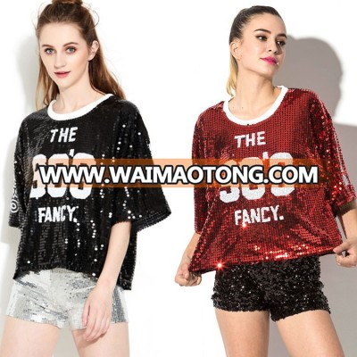 New Selling Hip Hop Dance Tops Performance Custom Sequin T Shirt Woman